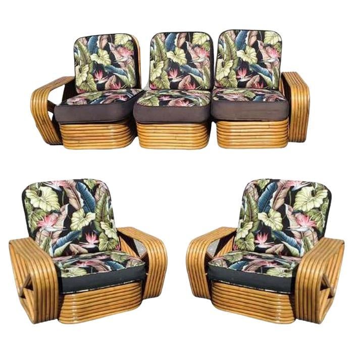 Restored Art Deco Six-Strand Stacked Rattan Sofa and Lounge ChairLiving Room set: Title: Restored Art Deco Six-Strand Stacked Rattan Sofa and Lounge ChairLiving Room set Description: This beautifully restored Art Deco Rattan living room set includes a matching sectional sofa and tw