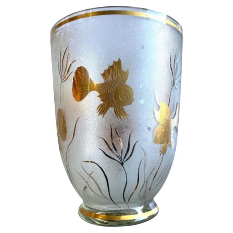 Monumental Etched Glass Vase with Gold Fish Overlay: Title: Monumental Etched Glass Vase with Gold Fish Overlay Description: The artistry and design of this piece are truly stunning. Featuring a clear glass body with intricate texturing, highlighted by 