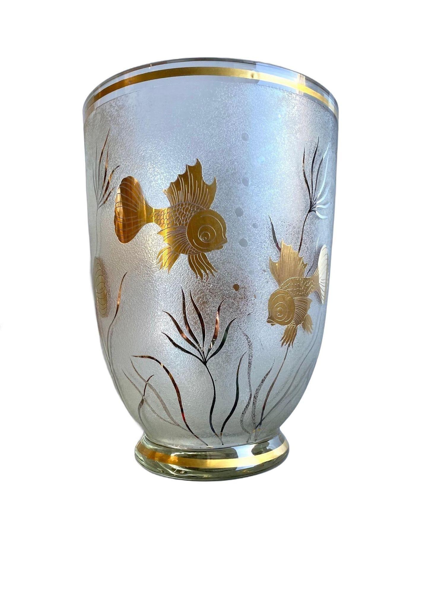 Monumental Etched Glass Vase with Gold Fish Overlay - 3