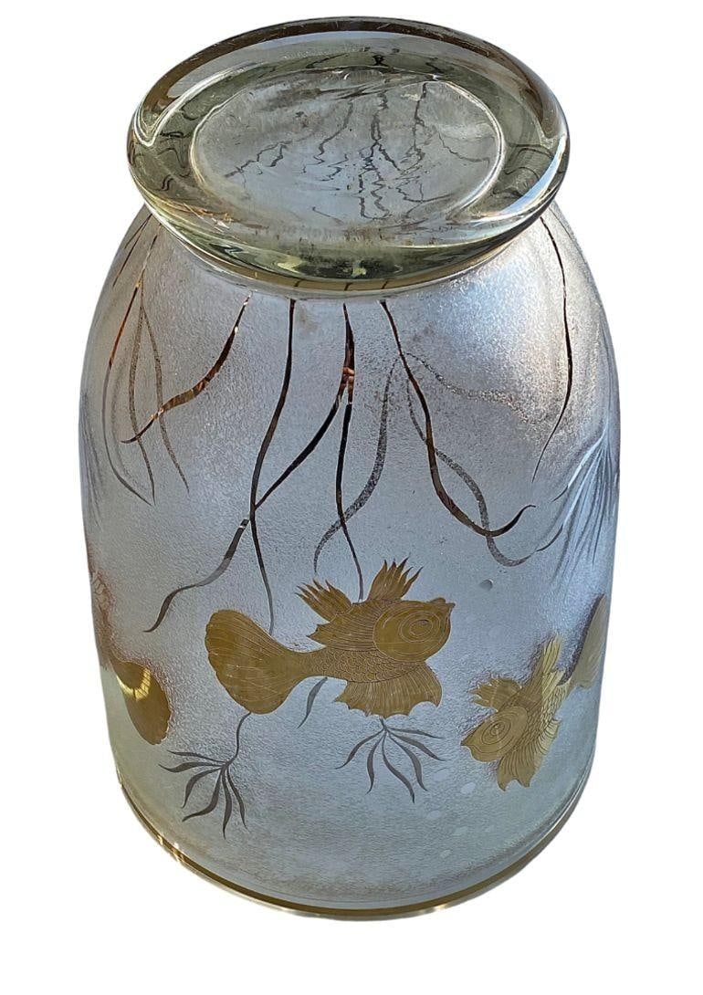 Monumental Etched Glass Vase with Gold Fish Overlay - 4