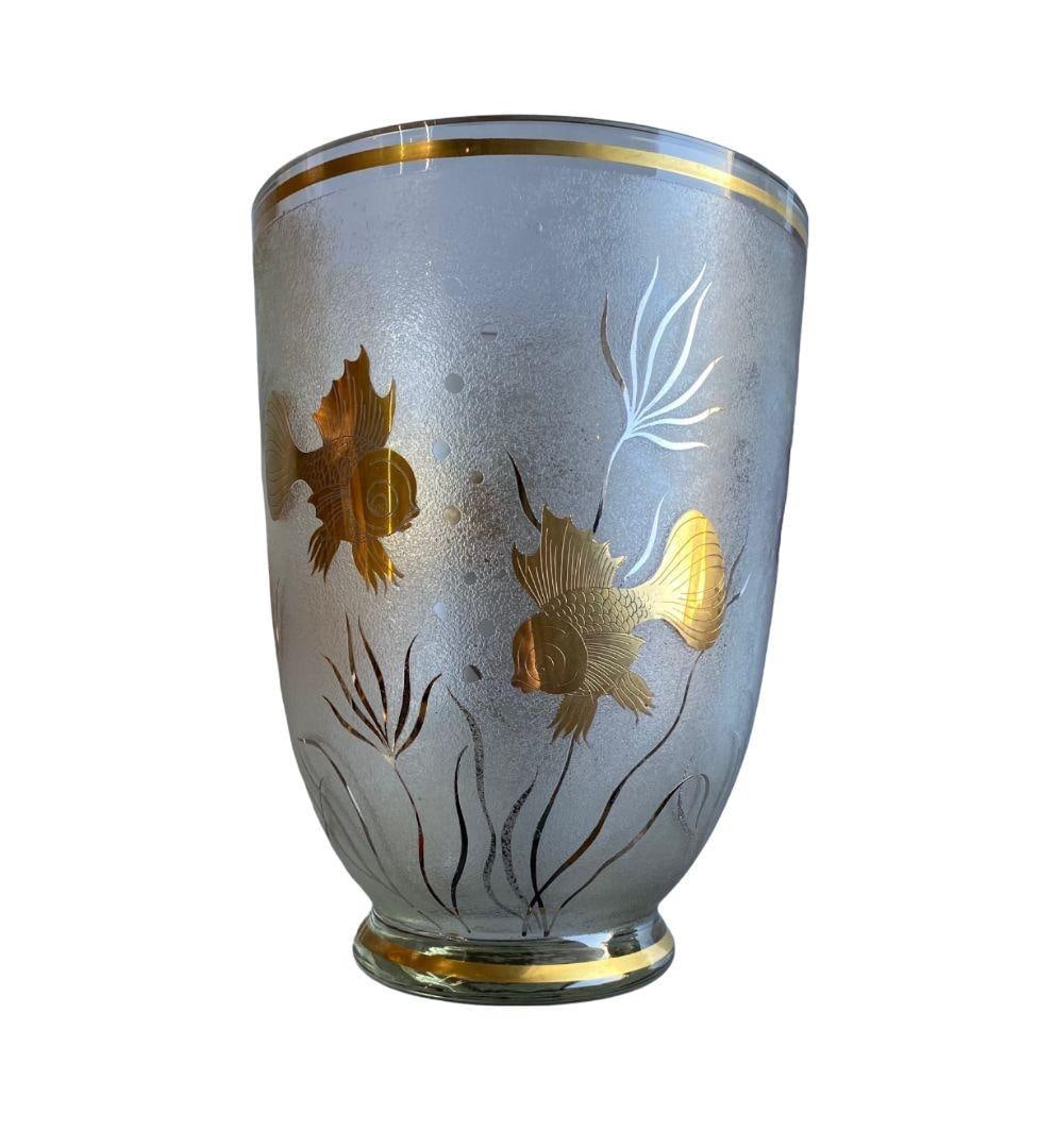 Monumental Etched Glass Vase with Gold Fish Overlay - 5