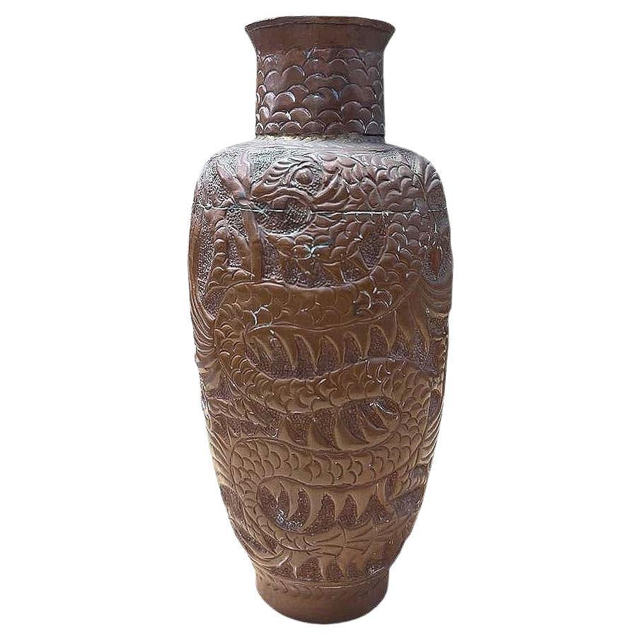 Heavy Cast Art Deco Copper Chinese Dragon Vase: Title: Heavy Cast Art Deco Copper Chinese Dragon Vase Description: This small 10" tall Art Deco era copper vase showcases an intricately detailed Asian dragon winding gracefully around its surface. Th