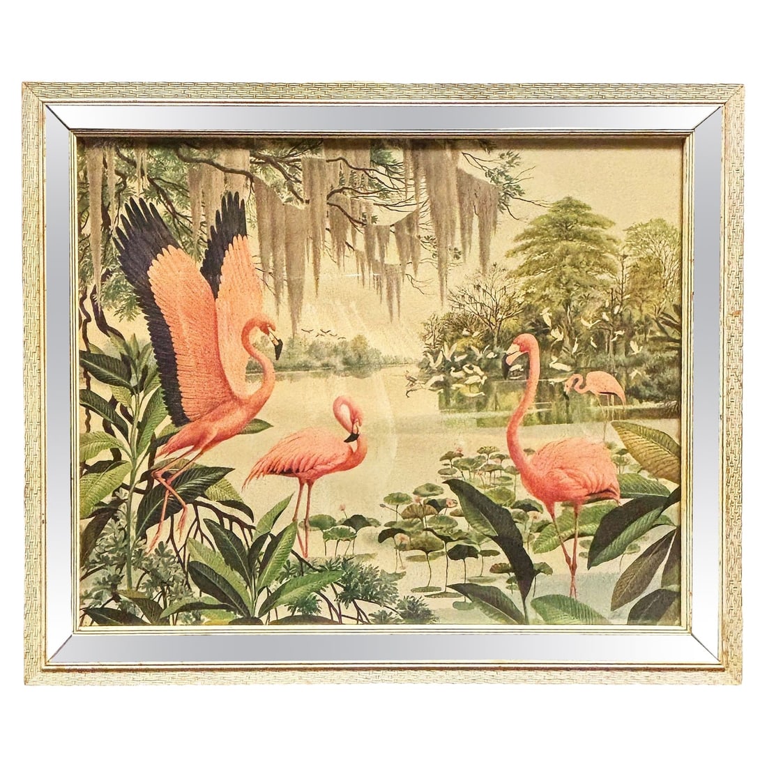 MCM Pink Flamingo Lithograph Print Signed Arthur in Mirror Frame by Turner: Title: MCM Pink Flamingo Lithograph Print Signed Arthur in Mirror Frame by Turner Description: This Mid-Century Flamingo lithograph print features vibrant flamingos set against a soft, pastel