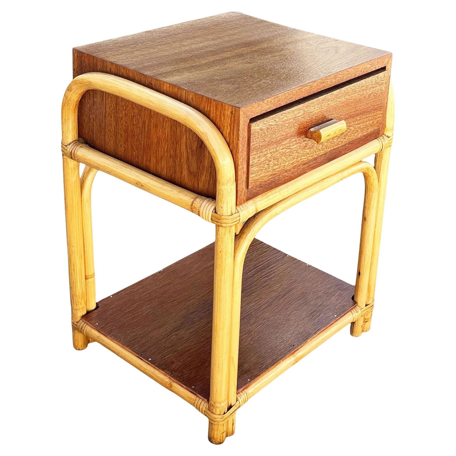 Restored Rare Modernist Mahogany Nightstand w/ Arched Rattan Sides: Title: Restored Rare Modernist Mahogany Nightstand w/ Arched Rattan Sides Description: This beautifully restored rattan and mahogany nightstand blends style and vintage charm with modern comfort.