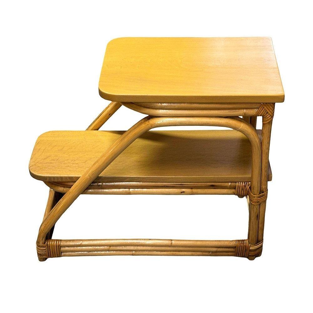 Restored Mid-Century Double-Strand Arched 2-Tiered Rattan & Oak Side Table, Pair - 5