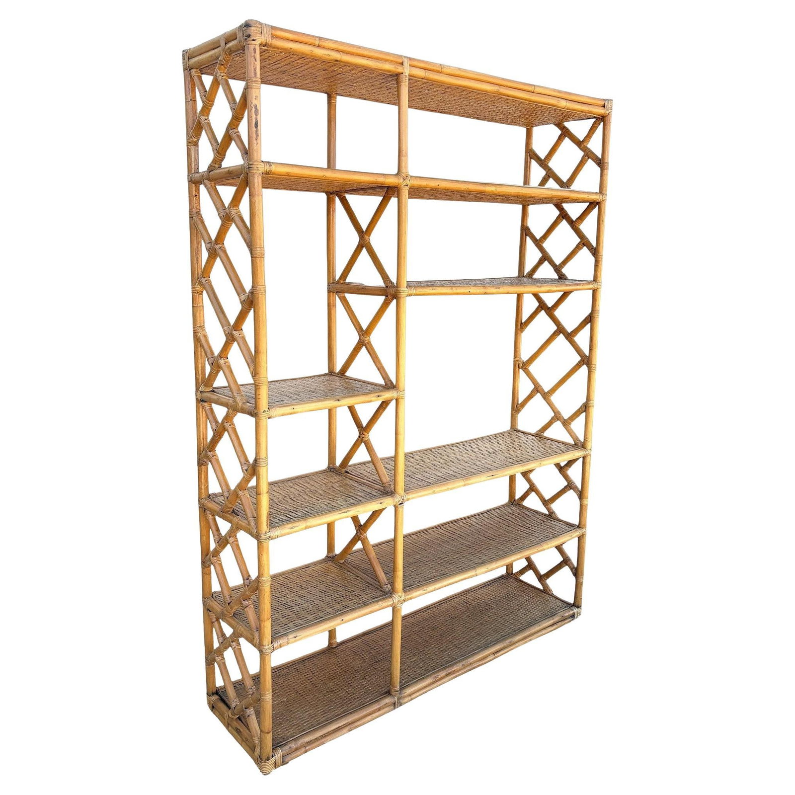 Restored Mid-century Rattan Ten-Tier Display Shelf Wall Etagere Unit w/ Cabinet (1 of 5)