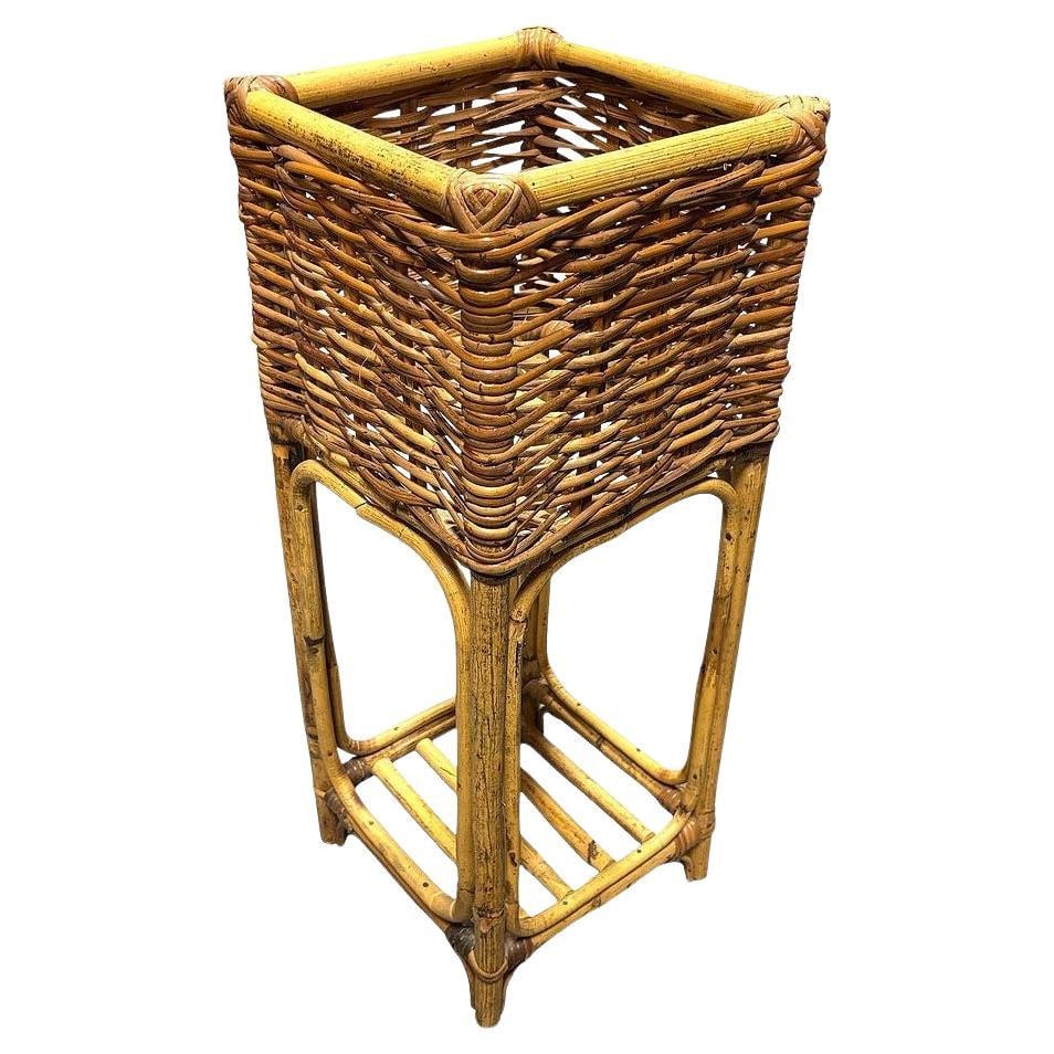 Mid Century Cubed Woven Rattan Pedestal Plant Stand (1 of 5)