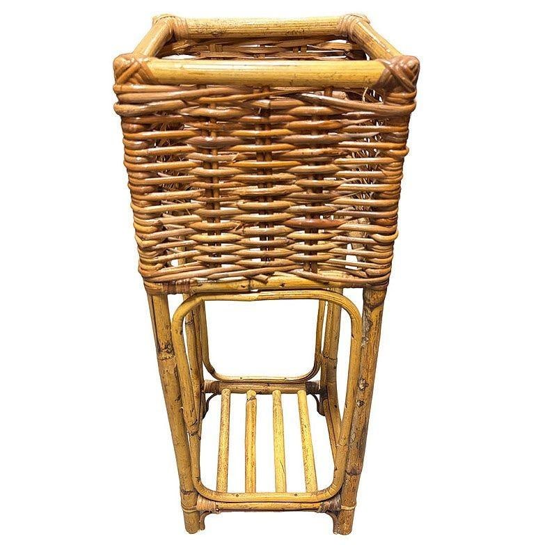 Mid Century Cubed Woven Rattan Pedestal Plant Stand - 3