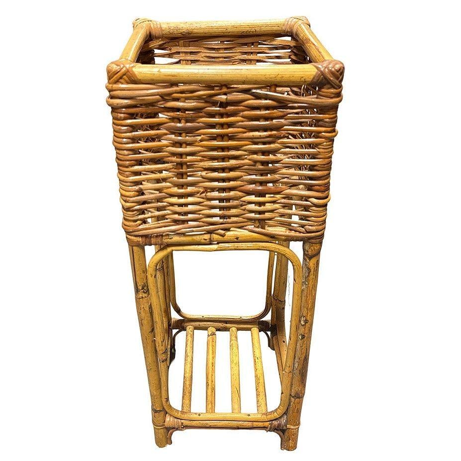 Mid Century Cubed Woven Rattan Pedestal Plant Stand - 4