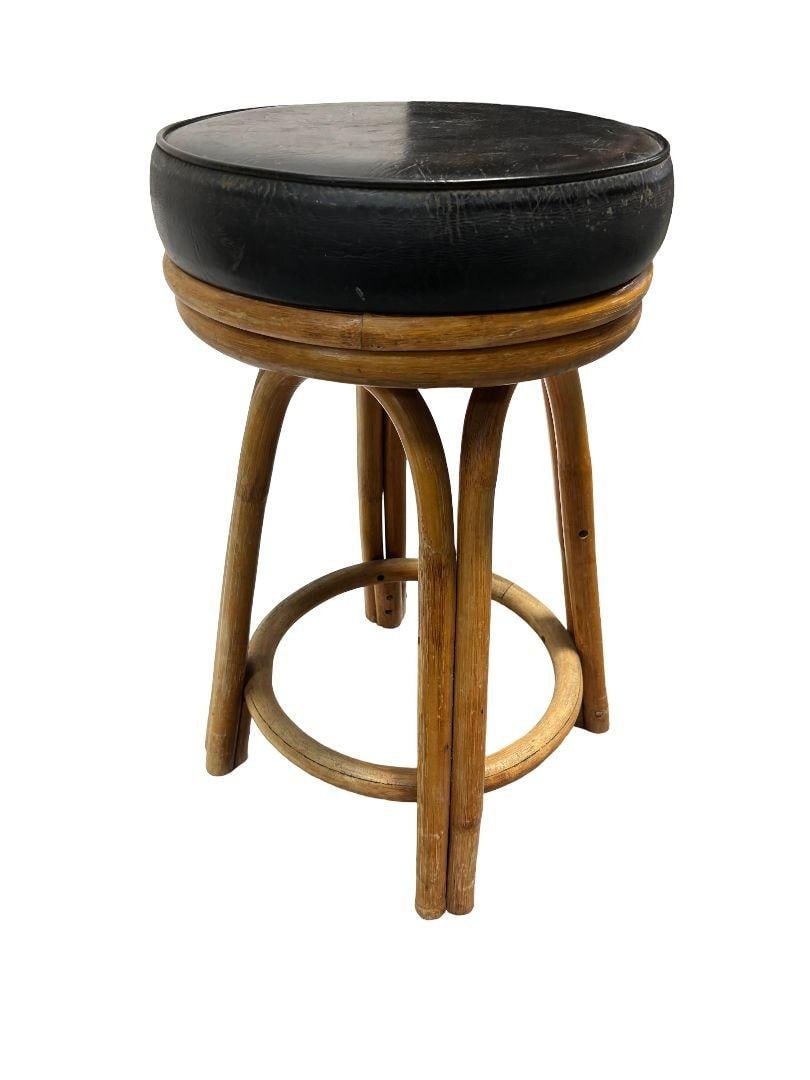 Restored Rattan Double Stand Arched Barstool w/ Black Naugahyde seat, Pair - 2