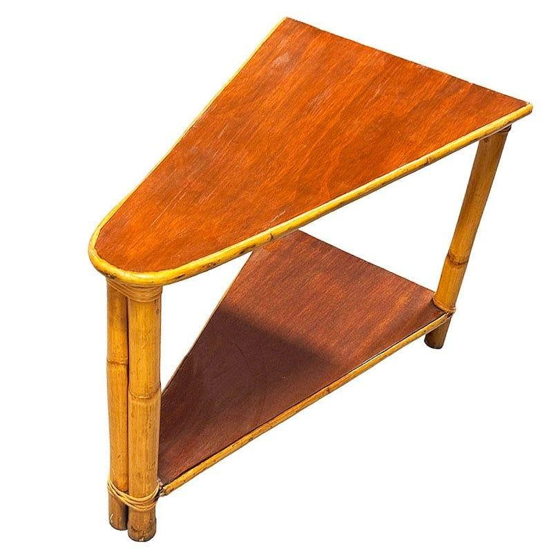 Restored Mid-century Rattan & Mahogany 2-Strand Wedge Side Table w/ Bottom Shelf - 2