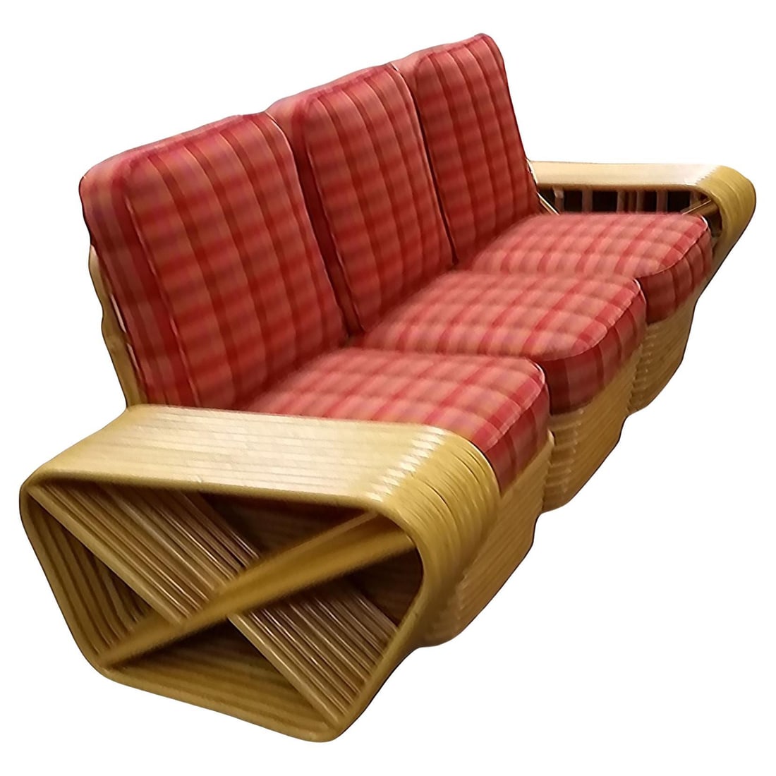 Restored Mid-century10 Strand Square Pretzel Rattan 3-seater Sectional Sofa: Title: Restored Mid-century10 Strand Square Pretzel Rattan 3-seater Sectional Sofa Description: This beautifully restored Mid Century ten-strand square pretzel arm rattan 3-seater sectional sofa with 