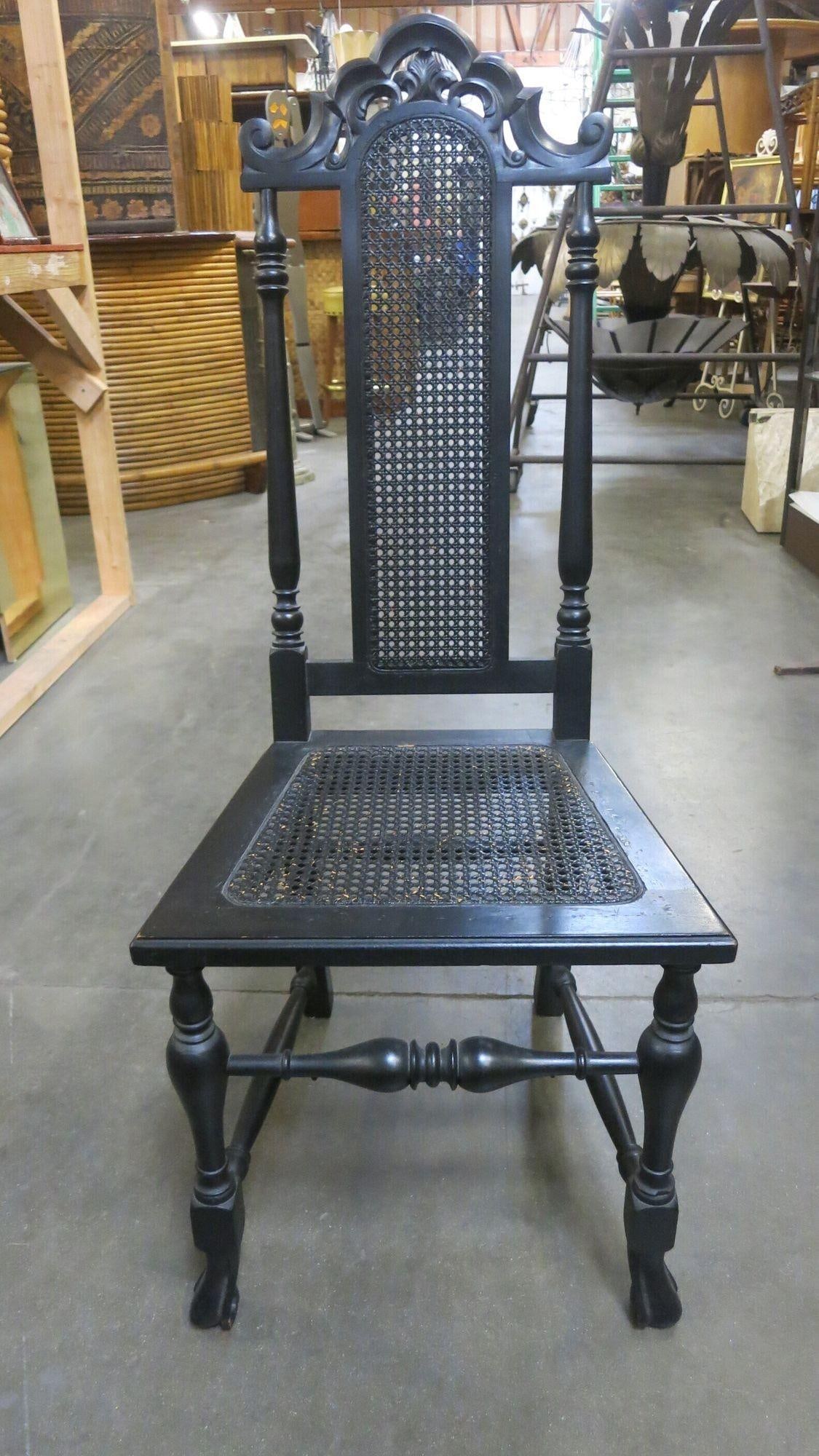 Hand Carved Black Stained Oak Gothic Revival Side Chair w/ Wicker Seat - 3