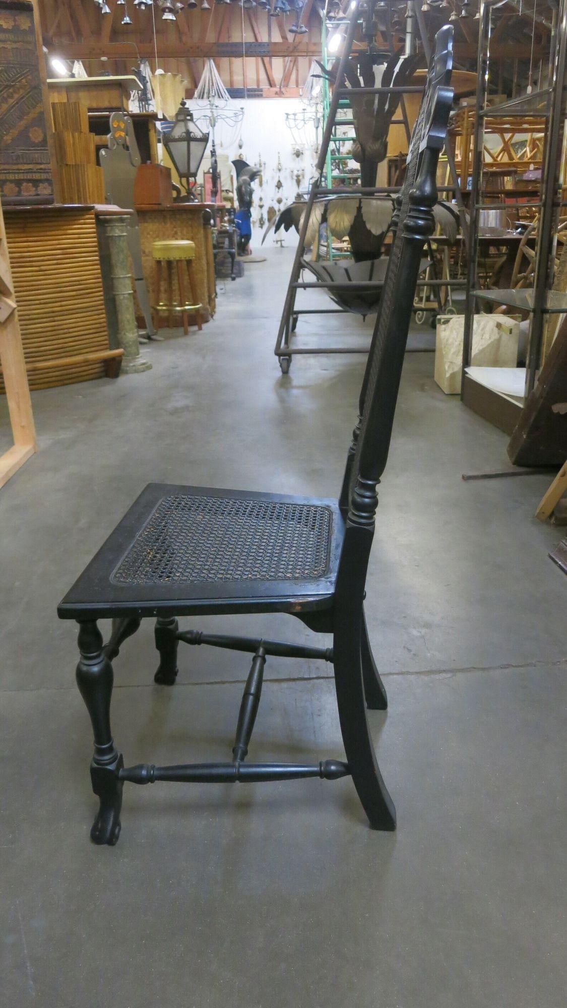 Hand Carved Black Stained Oak Gothic Revival Side Chair w/ Wicker Seat - 4