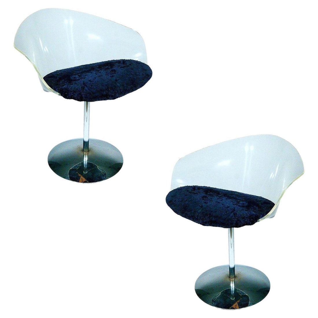 1970 Estelle Laverne Inspired Lucite & Chrome Swivel Tulip Chairs, Pair: Title: 1970 Estelle Laverne Inspired Lucite & Chrome Swivel Tulip Chairs, Pair Description: Pair of original 1970 Lucite and chrome Post-modern swivel chairs, inspired by the designs of Estelle