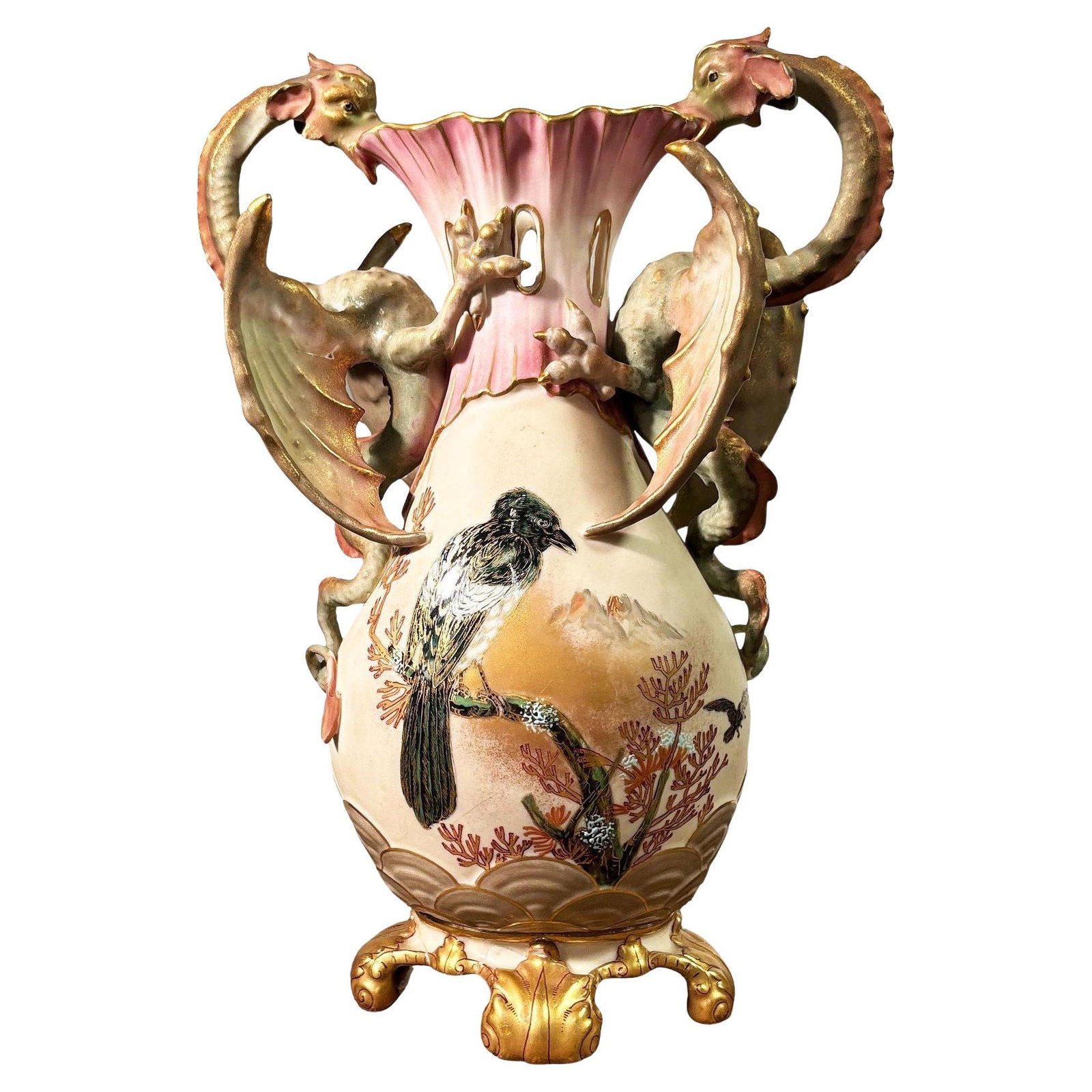 Victorian Dragon Handle Ceramic Vase w/ Hand Painted Corvus by Alfred Stellmache: Title: Victorian Dragon Handle Ceramic Vase w/ Hand Painted Corvus by Alfred Stellmache Description: Late Victorian Neo-Baroque porcelain vase by Alfred Stellmacher from Turn-Teplitz, Bohemia (now Trn