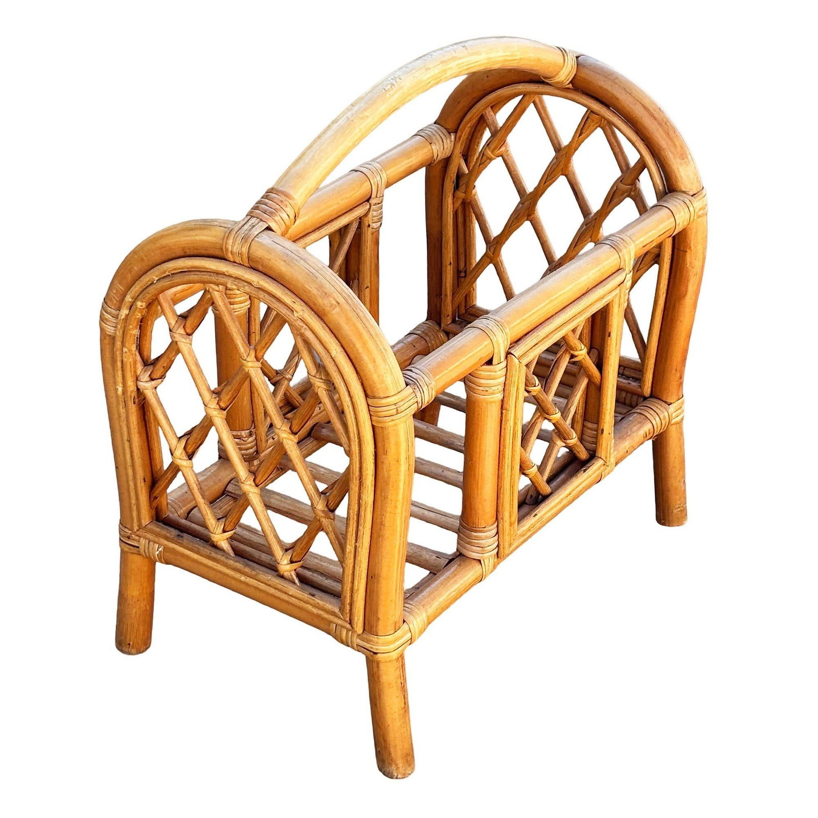 Restored Mid-century Rattan "Triumphal Arch" Magazine Rack with Handle - 3