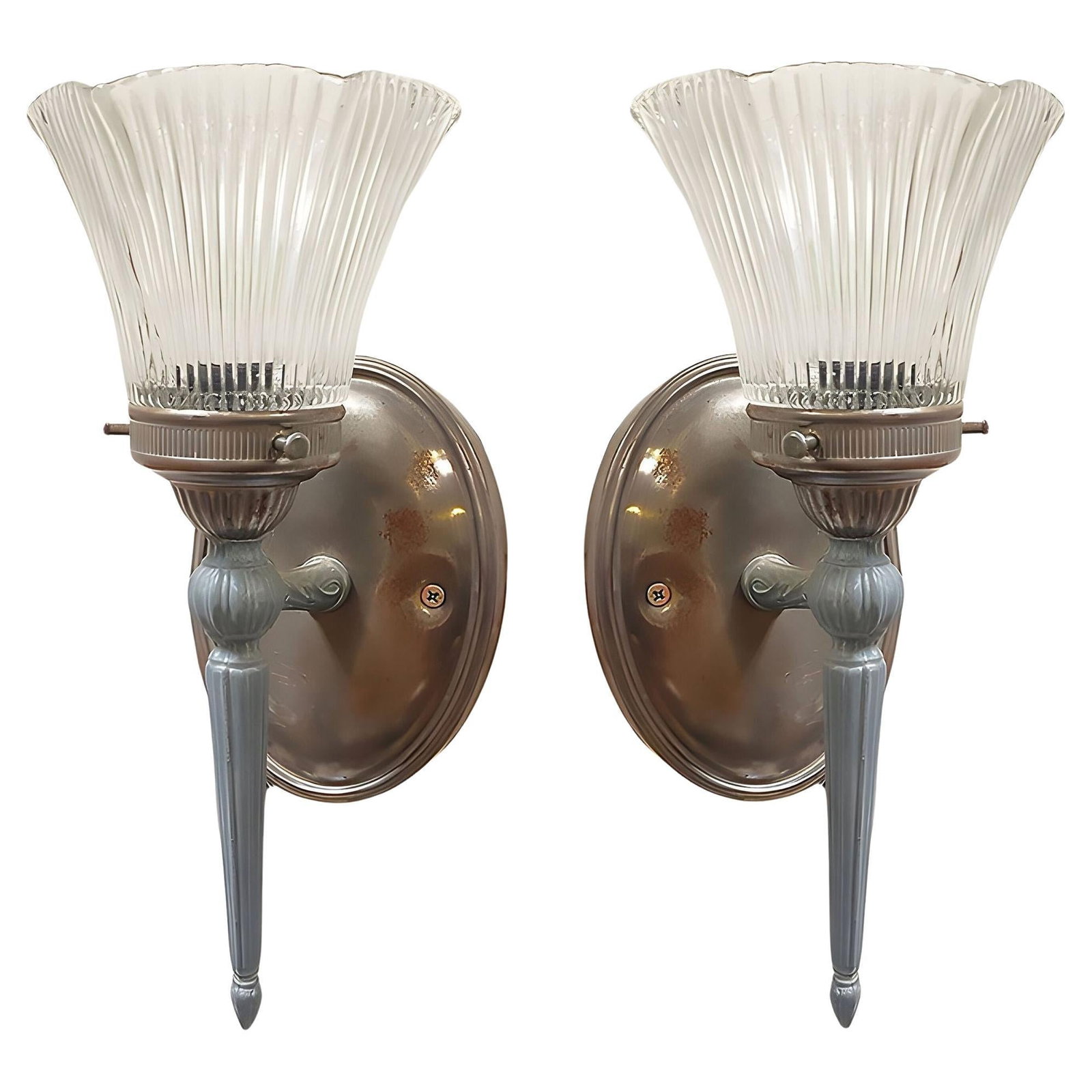 Antique Regency Wall Sconces Electric Light Fixture w/ Tulip Shade, Pair: Title: Antique Regency Wall Sconces Electric Light Fixture w/ Tulip Shade, Pair Description: Pair of Antique regency speleter metal electric wall sconce with ripped glass globes. This torchiere-style 
