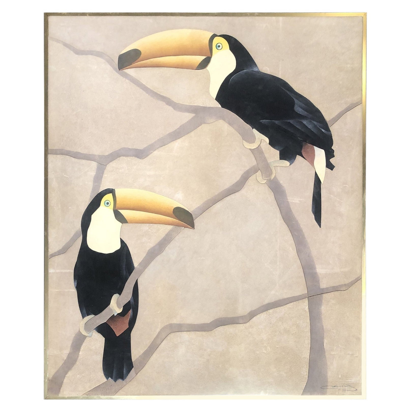 Large Suede Tropical Toucan Suede Wall Art, Signed: Title: Large Suede Tropical Toucan Suede Wall Art, Signed Description: Large tropical suede wall art featuring 2 South American Toco Toucan perched on tree branches. The art is in its original Brass
