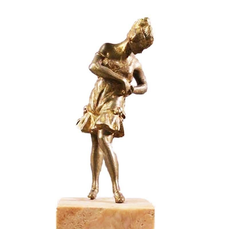 Brass Art Deco Flapper Girl Sculpture on Peach Marble Obelisk - 2