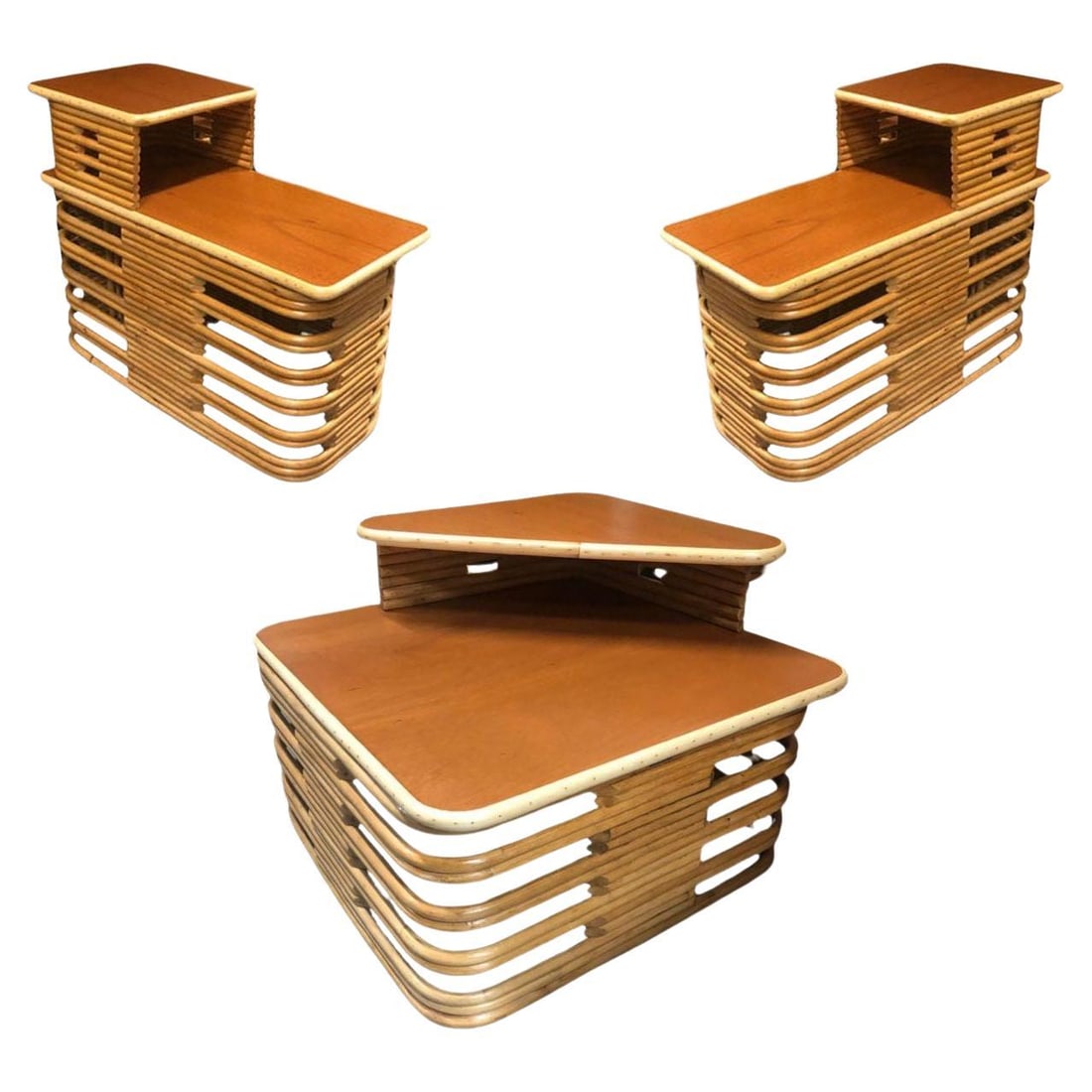 Restored Stacked Rattan & Mahogany Side/Corner Table 3 Piece Set: Title: Restored Stacked Rattan & Mahogany Side/Corner Table 3 Piece Set Description: Restored Mid-century Rattan side table set includes a 31" wide square corner table and two matching side tables, ea