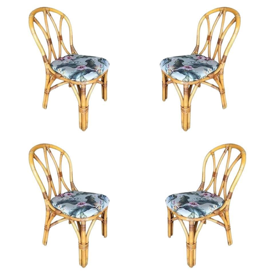 Restored Rattan Dining Side Chair w/ "Hour Glass" Back, Set of Four: Title: Restored Rattan Dining Side Chair w/ "Hour Glass" Back, Set of Four Description: This beautifully restored set of six Paul T. Frankl inspired mid-century rattan dining room side chairs. Each