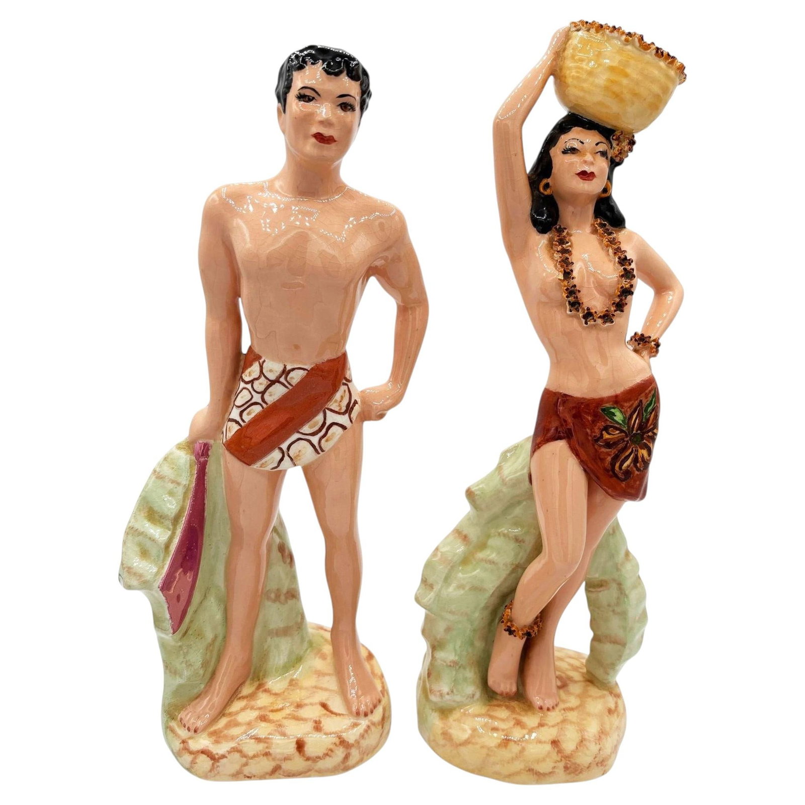 Mid-Century Hand Painted Hawaiian Hula Girl & Native Male Ceramic Statue Set (1 of 5)