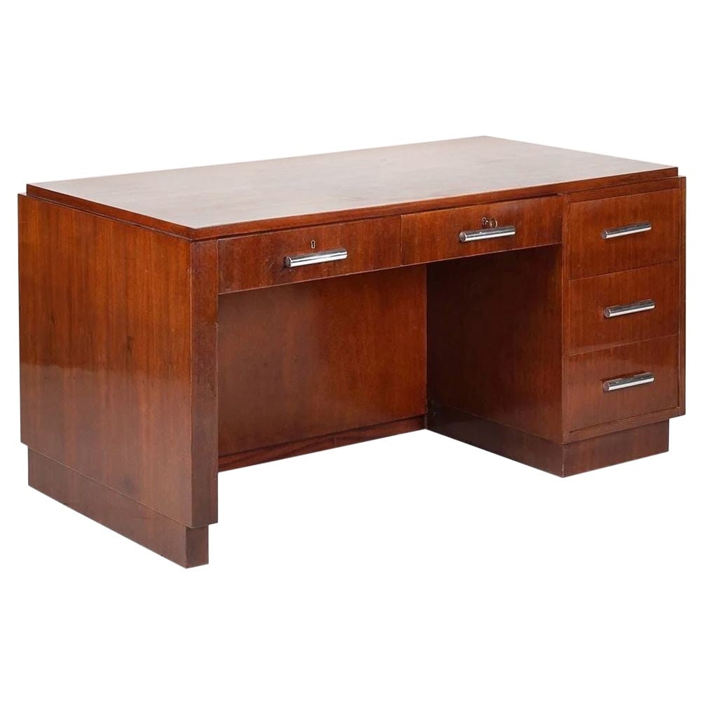 1930s Restored French Art Deco Mahogany and Chrome Executive Desk w/ Bookshelves (1 of 5)