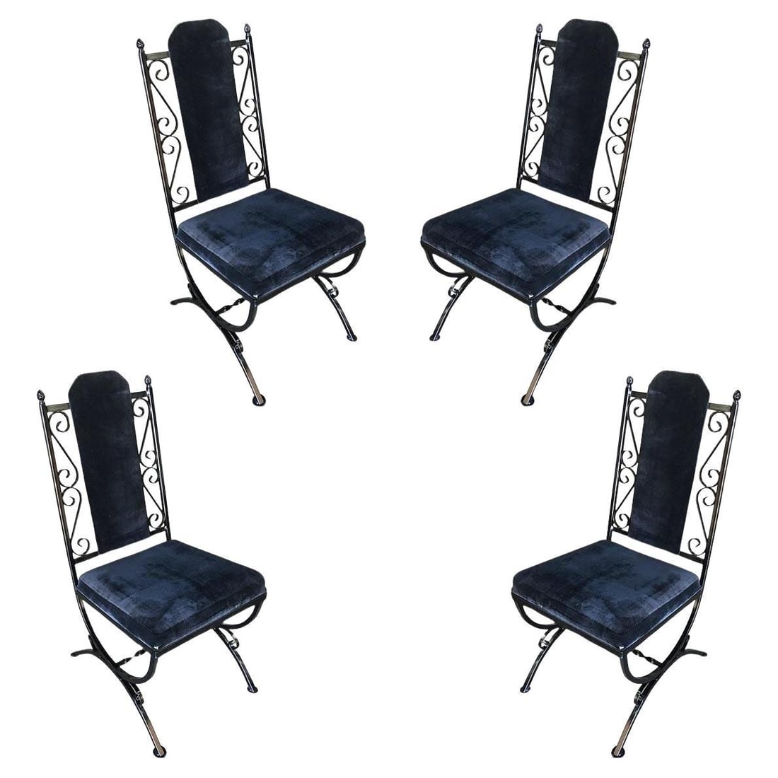 Midcentury Dining Chair with Scrolling Pattern, Set of Four: Title: Midcentury Dining Chair with Scrolling Pattern, Set of Four Description: Set of four midcentury dining chairs with scrolling pattern and velvet seats. Additional Info: Dimensions: Height: 38