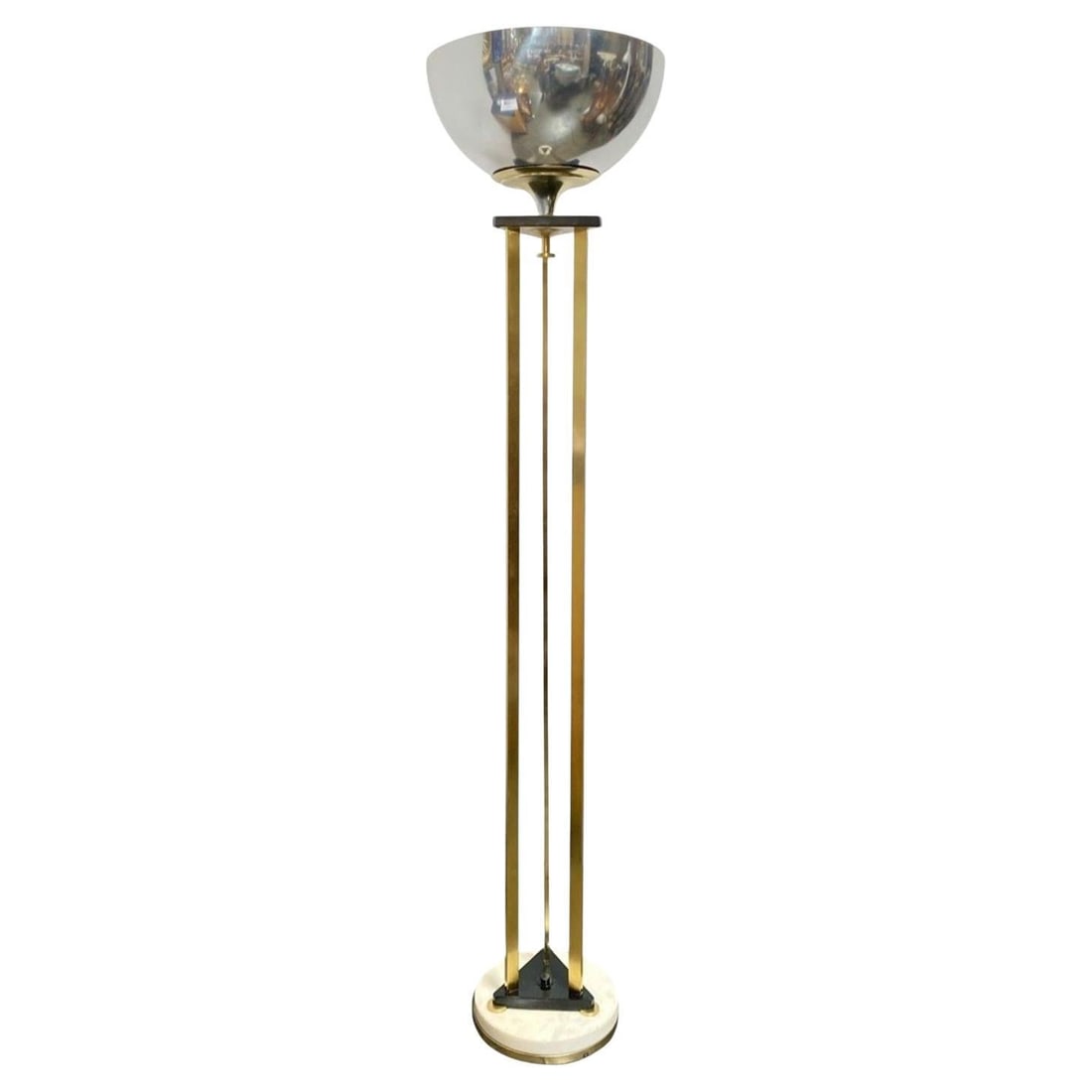 High Style Memphis Style Brass Chrome and Marble Torchiere Floor Lamp: Title: High Style Memphis Style Brass Chrome and Marble Torchiere Floor Lamp Description: A unique art deco torch lamp with a marble base. Features chrome shade and brass tri-pillar body. In great