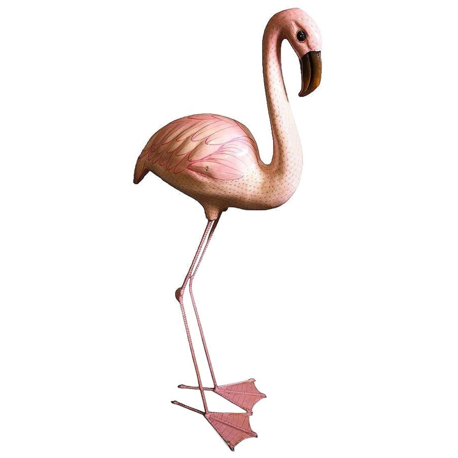 Life-Size Handmade Paper Mache Pink Flamingo Sculpture Signed Sergio Bustamante: Title: Life-Size Handmade Paper Mache Pink Flamingo Sculpture Signed Sergio Bustamante Description: Rare Life-size handmade paper mache pink flamingo sculpture signed by Sergio Bustamante. The top bod