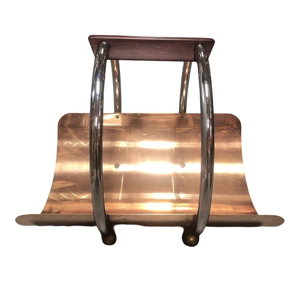 Art Deco Fireplace Log Holder Chrome and Copper by Leslie Beaton for Revere - 3