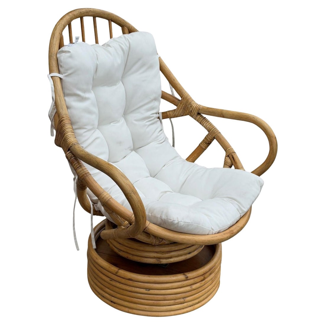 Restored Swivel Bucket Lounge Chair on Stacked Rattan Pedestal Base (1 of 4)