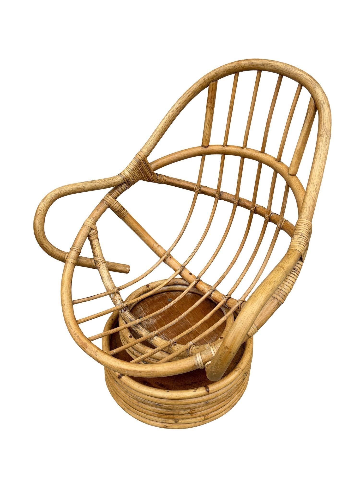 Restored Swivel Bucket Lounge Chair on Stacked Rattan Pedestal Base - 4