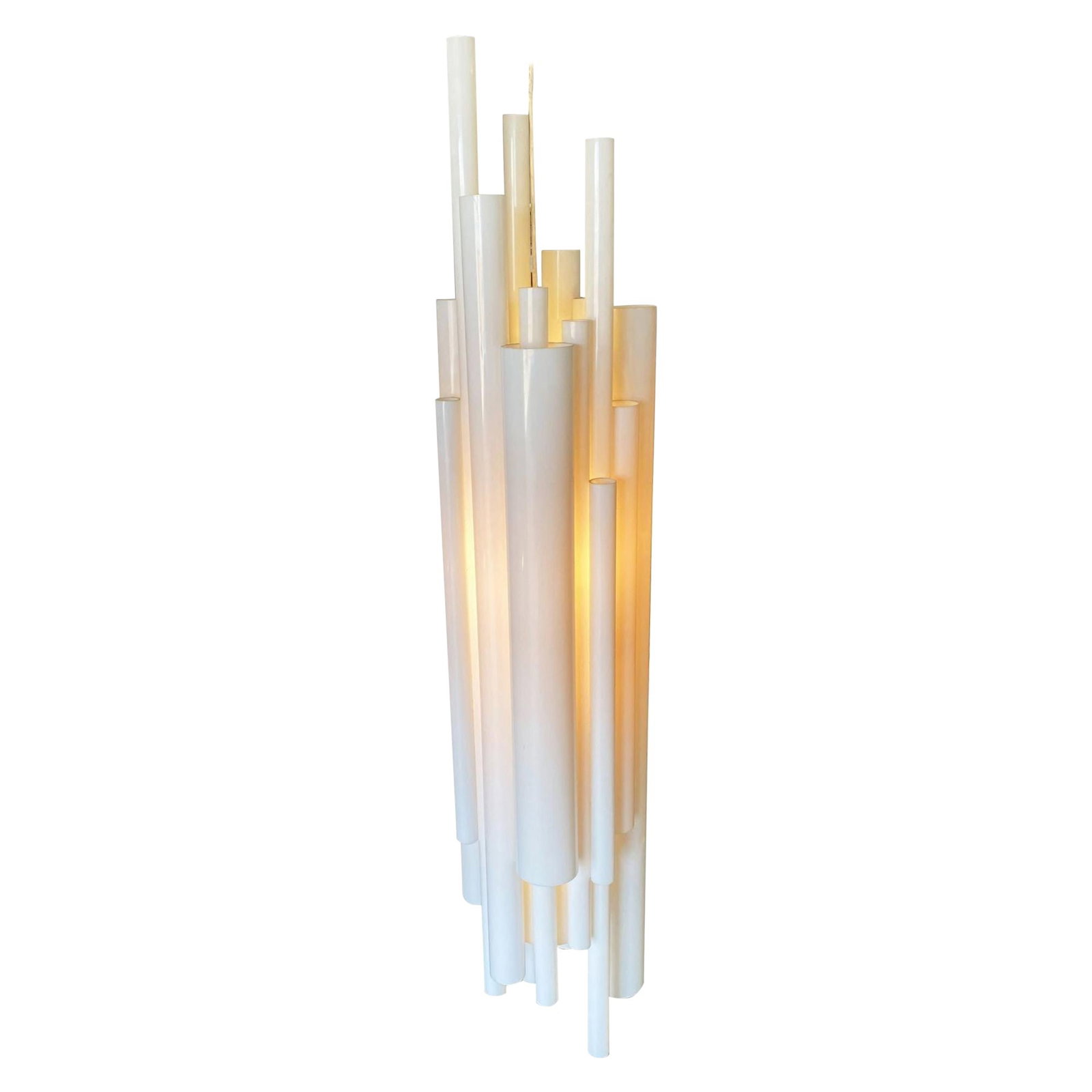 Modernist White Lucite Stacked Tube Chandelier by Rougier, Circa 1970s: Title: Modernist White Lucite Stacked Tube Chandelier by Rougier, Circa 1970s Description: Made in the USA, this gorgeous lucite tube chandelier features a brass hanger with several layers of asymmetr