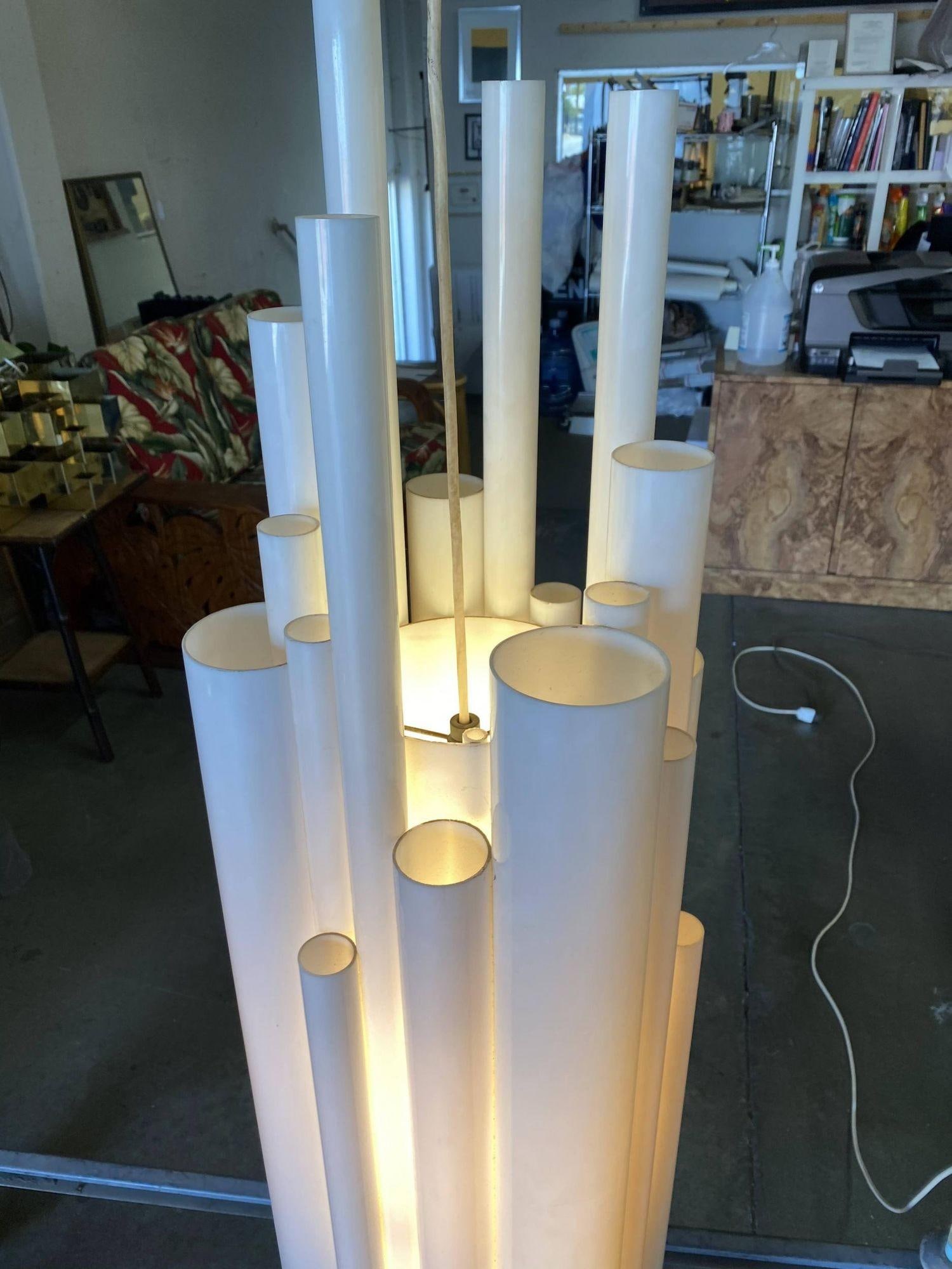 Modernist White Lucite Stacked Tube Chandelier by Rougier, Circa 1970s - 5