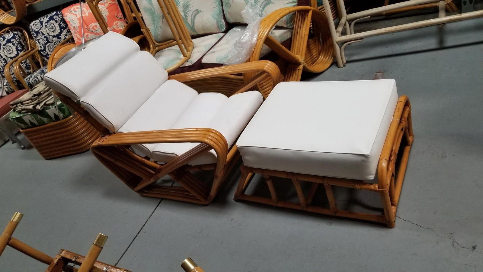 Restored Rattan Four Strand Square Pretzel Chaise Lounge Chair with Ottoman - 2