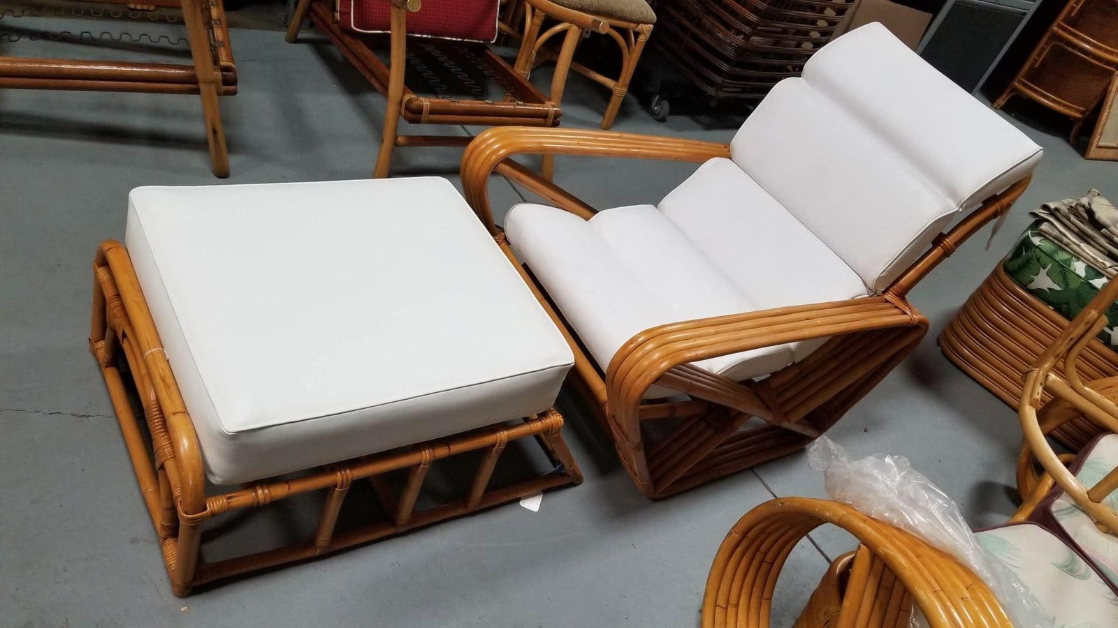 Restored Rattan Four Strand Square Pretzel Chaise Lounge Chair with Ottoman - 3