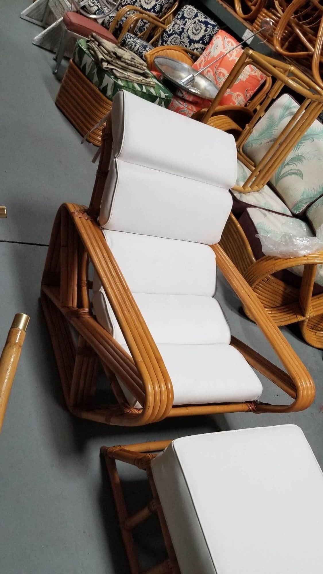 Restored Rattan Four Strand Square Pretzel Chaise Lounge Chair with Ottoman - 4