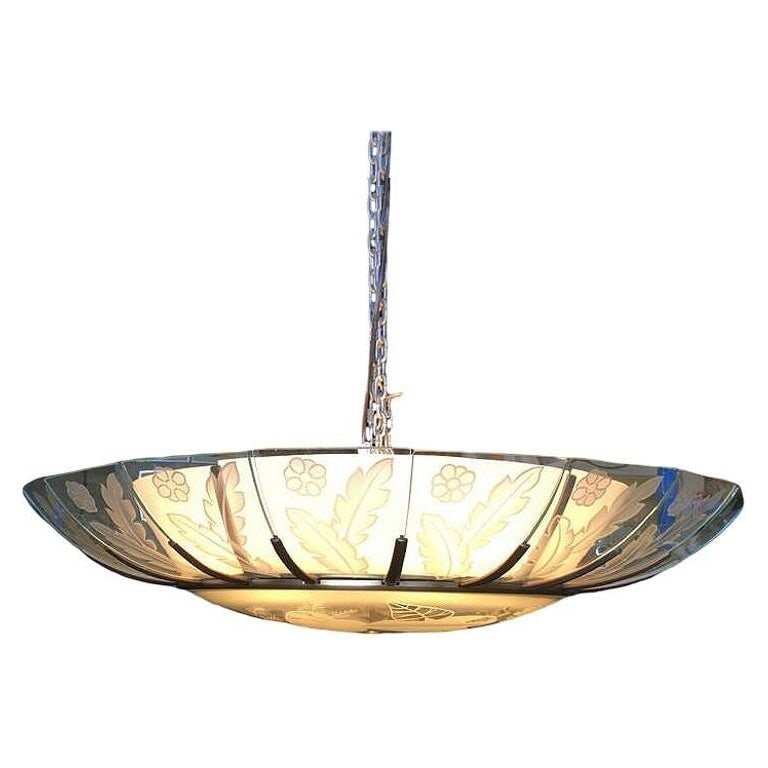 Bespoke Mid-Century Tropical Etched Slat Glass Bronze Chandelier, 3 Available: Title: Bespoke Mid-Century Tropical Etched Slat Glass Bronze Chandelier, 3 Available Description: Unique custom-made Bespoke modernist bronze bowl chandelier made with a bronze frame and acid-etched