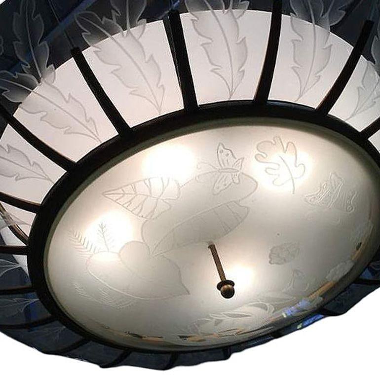 Bespoke Mid-Century Tropical Etched Slat Glass Bronze Chandelier, 3 Available - 2
