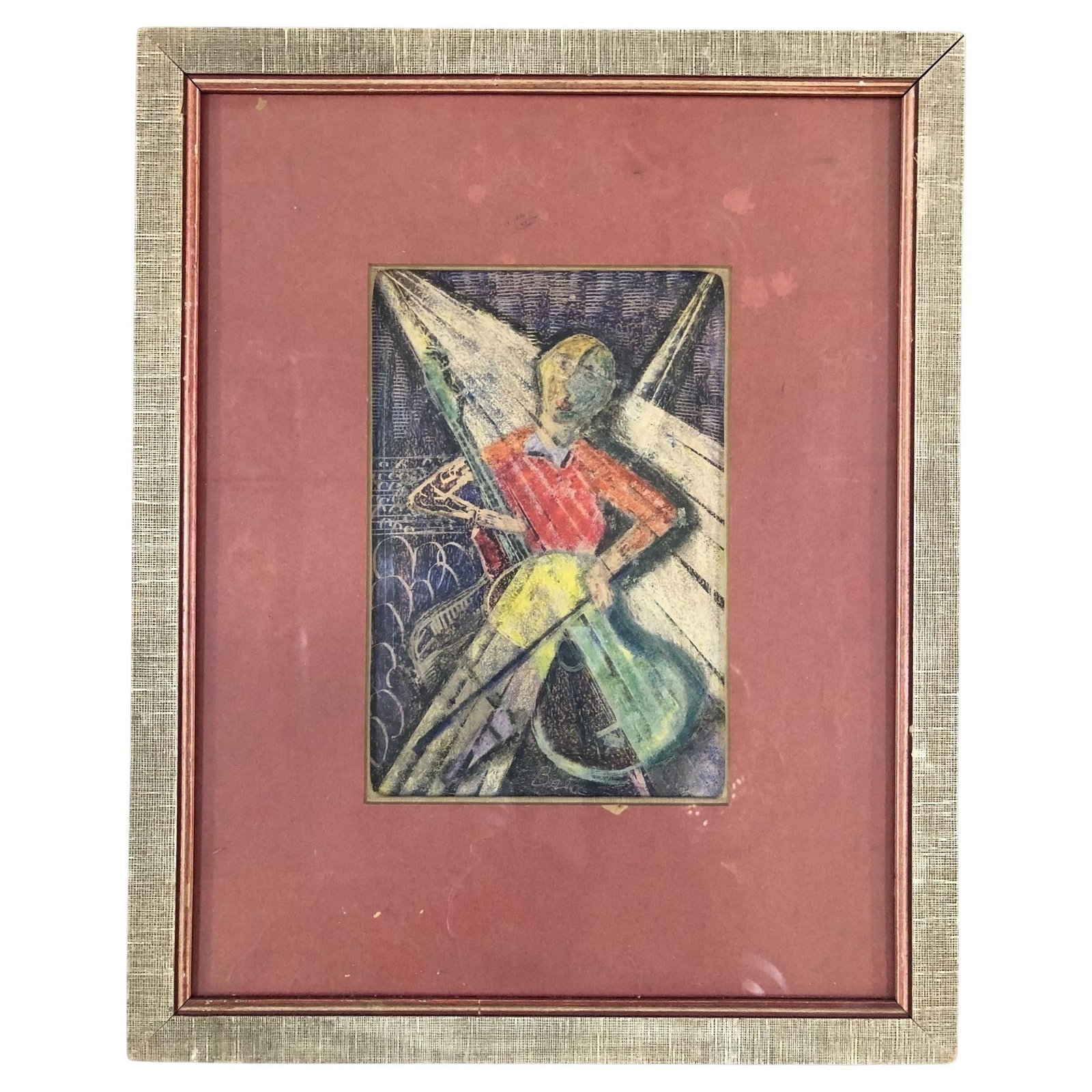 Vintage Wood Framed Pastel Print by Artist Bala: Title: Vintage Wood Framed Pastel Print by Artist Bala Description: Vintage Wood Framed pastel print by artist Bala. This painting with reminiscencies of a Picasso style signed by artist Bala depicts 
