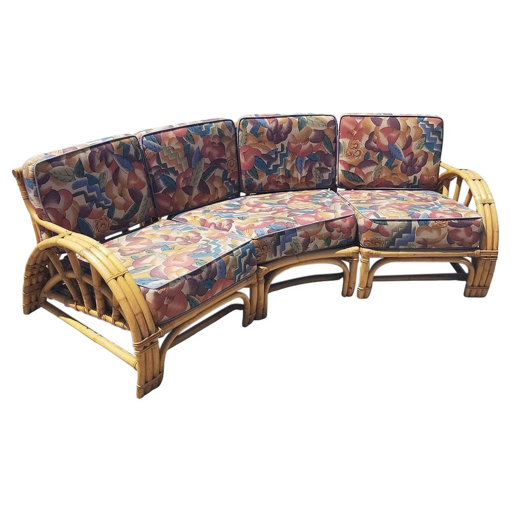 Restored Mid-century 3 Strand Rattan Spoke Half Moon Arm Corner Sectional Sofa: Title: Restored Mid-century 3 Strand Rattan Spoke Half Moon Arm Corner Sectional Sofa Description: This beautifully restored 1930 three-strand half-moon sectional spoked sofa in the manner of Paul
