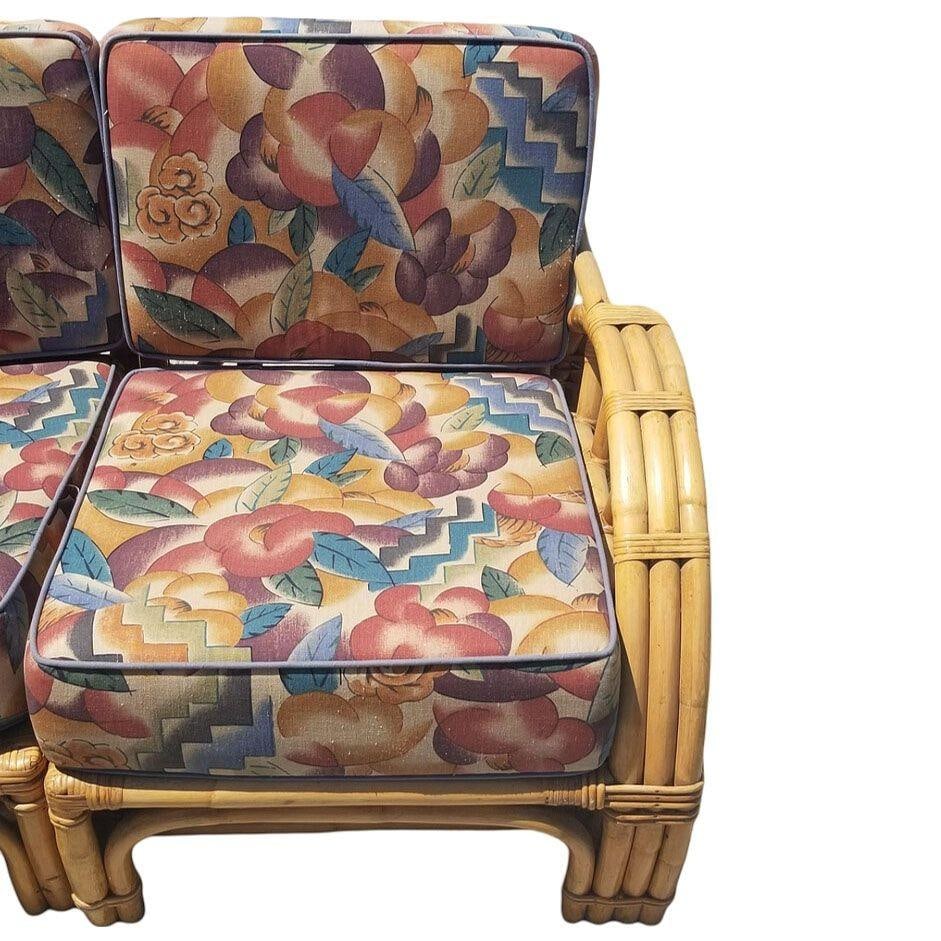 Restored Mid-century 3 Strand Rattan Spoke Half Moon Arm Corner Sectional Sofa - 4