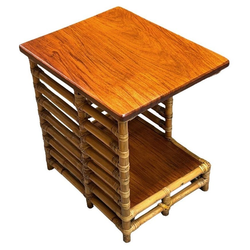 Restored Rattan "Jacob's Ladder" Storage Side Table with Mahogany Top: Title: Restored Rattan "Jacob's Ladder" Storage Side Table with Mahogany Top Description: This beautifully restored rattan blending style vintage charm with modern comfort. Floating asymmetric "Jacob'