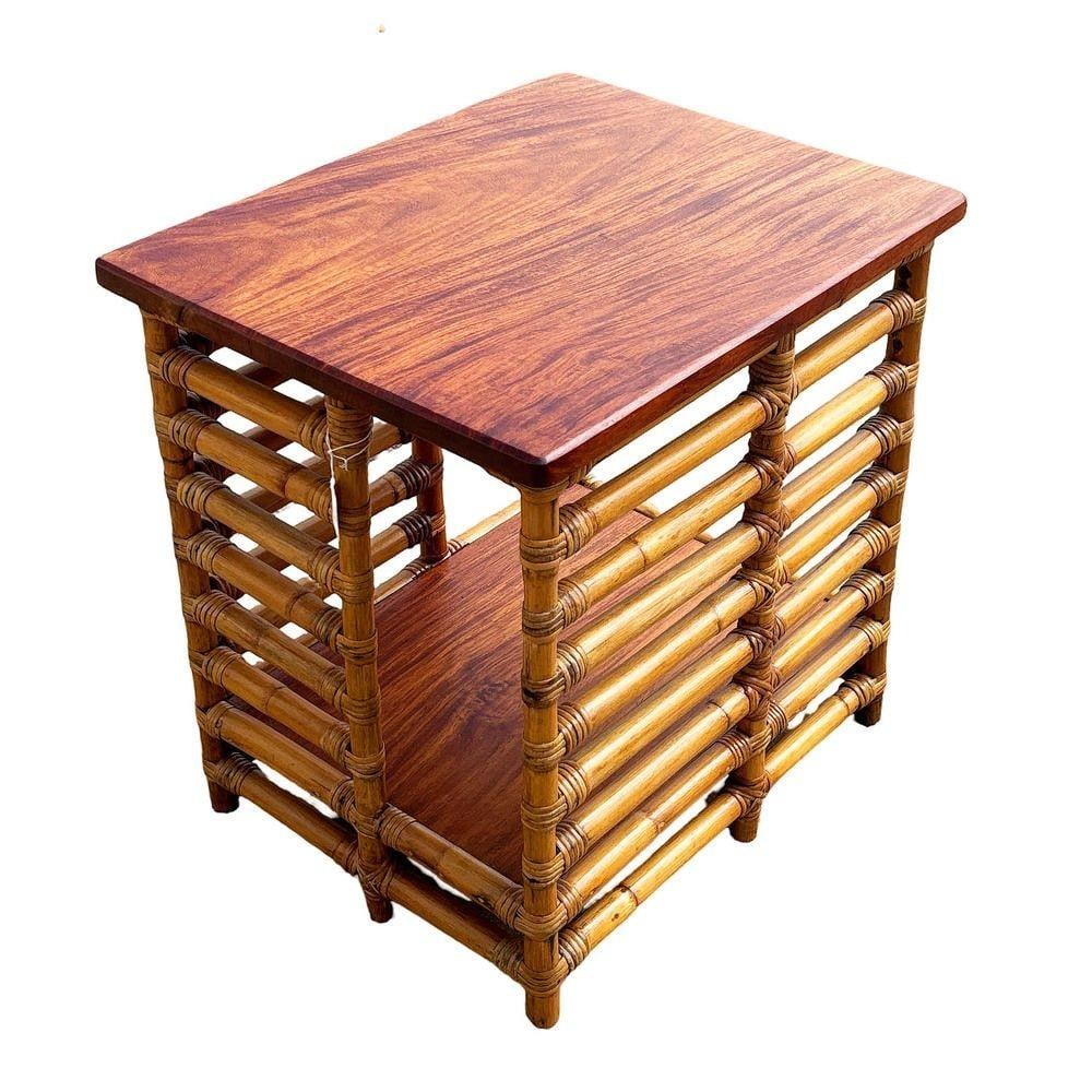 Restored Rattan "Jacob's Ladder" Storage Side Table with Mahogany Top - 2