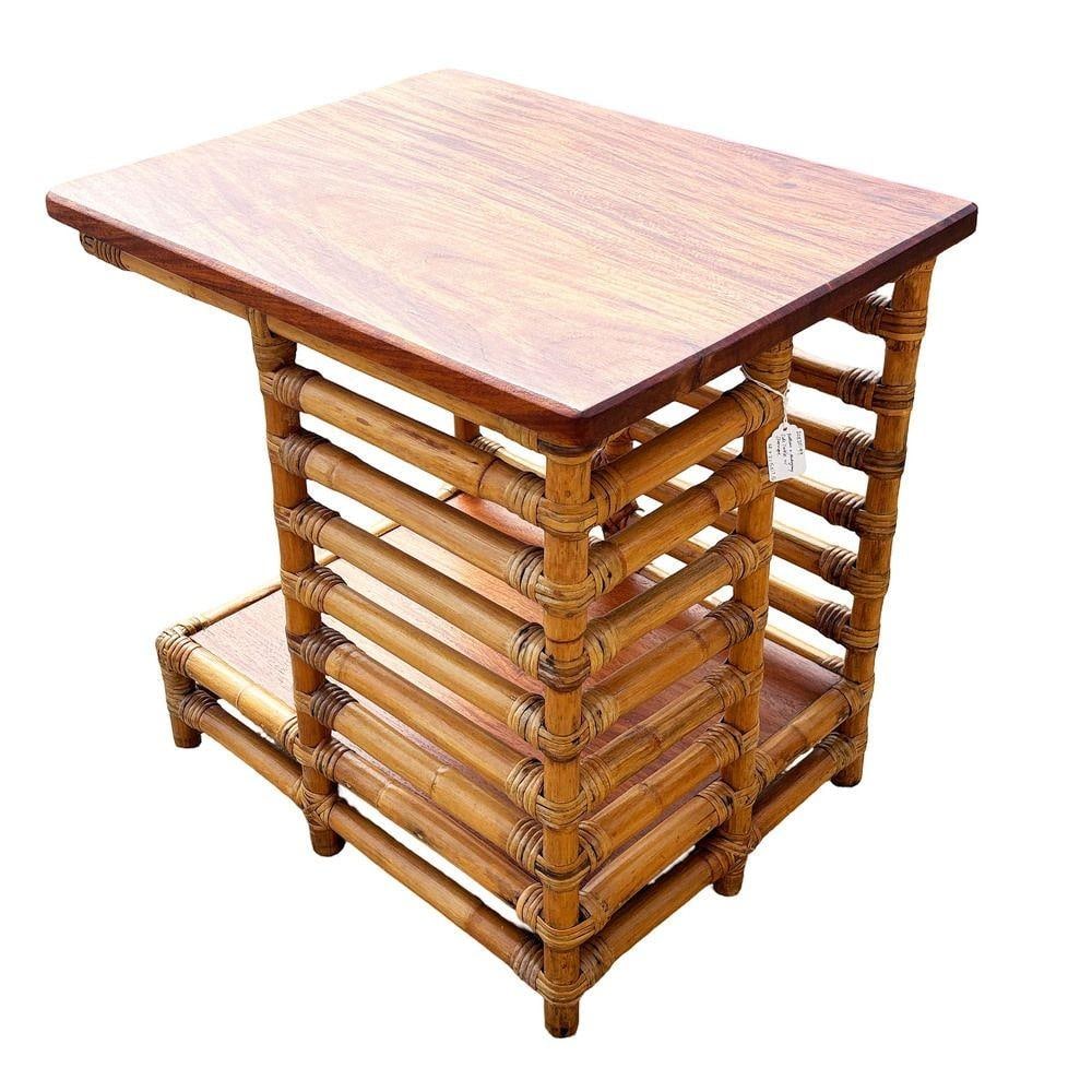 Restored Rattan "Jacob's Ladder" Storage Side Table with Mahogany Top - 4