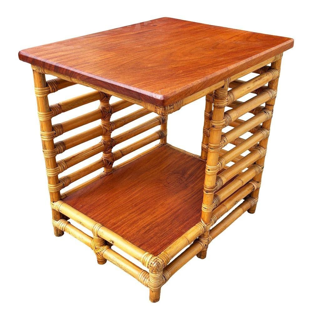 Restored Rattan "Jacob's Ladder" Storage Side Table with Mahogany Top - 5