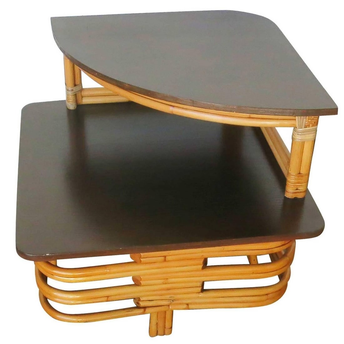 Restored Stacked Rattan & Mahogany Corner Side Side Table - 5