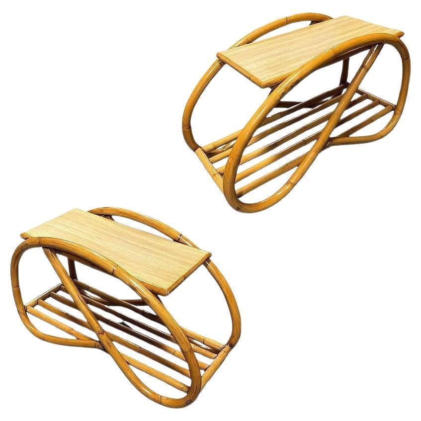 Restored Mid-century 3/4 Pretzel Rattan & Formica "Grasshopper" Side Table, Pair (1 of 5)